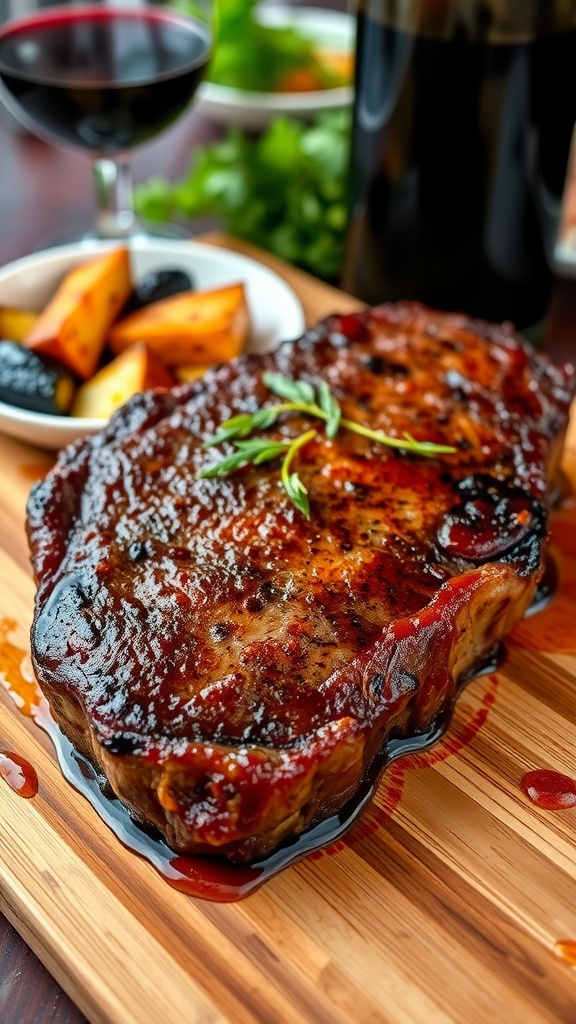 Juicy ribeye steak garnished with herbs on a cutting board, with sides of vegetables and wine.